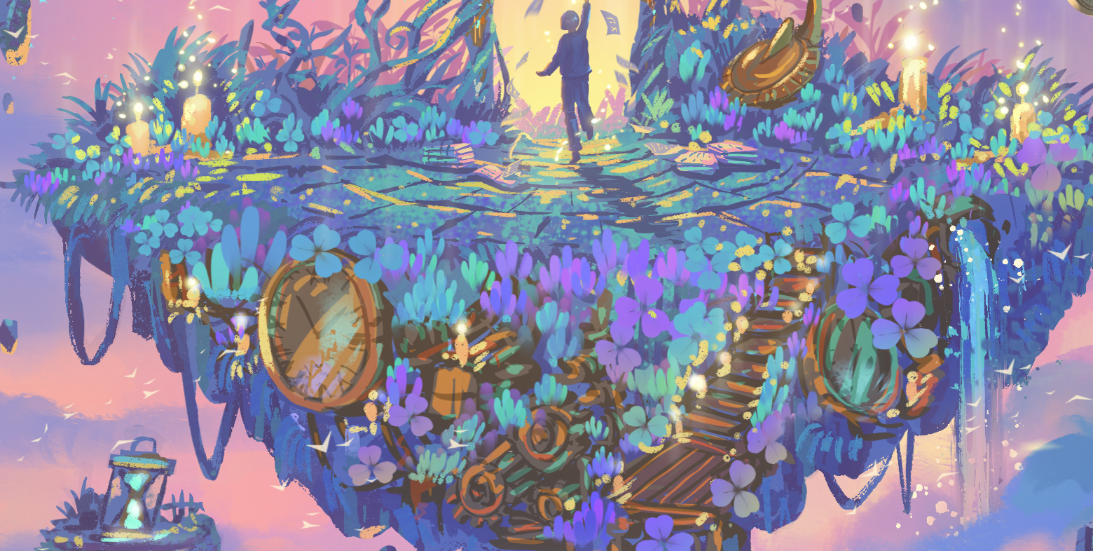 Detail from the Clock Counting cover illustration: a figure crosses a luminous floating landscape scattered with candles.