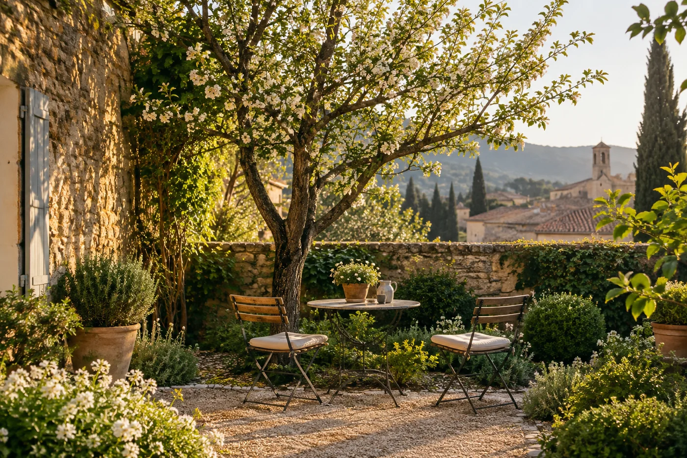 A sunlit courtyard with a flowering tree, a small table, and two empty chairs.