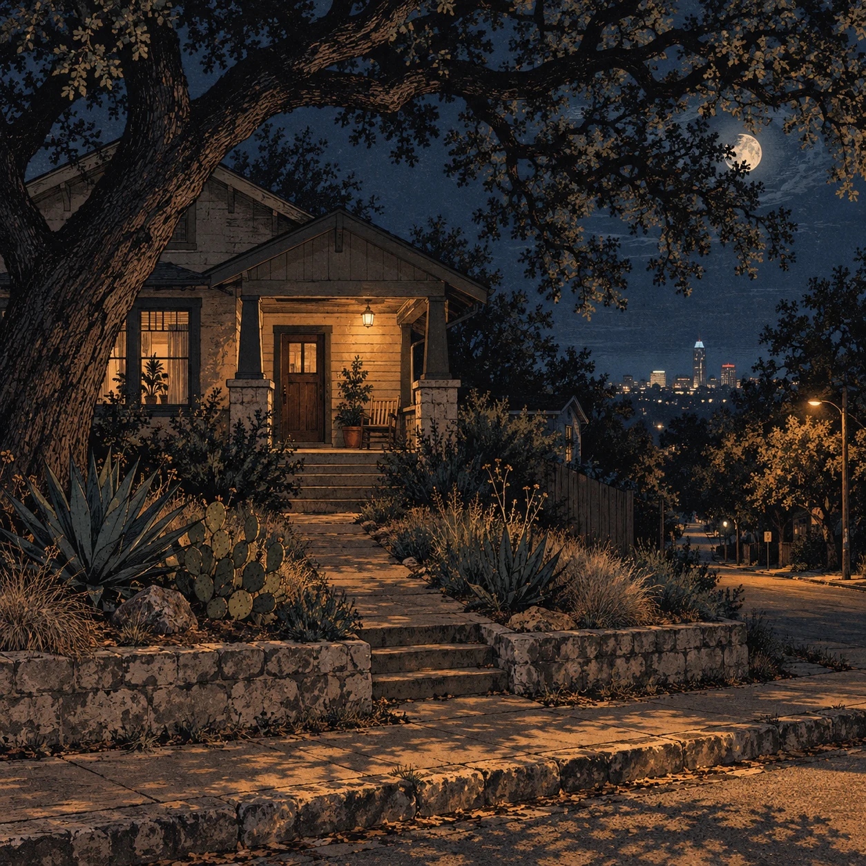 An Austin house sitting quietly beneath live oaks and city lights after midnight.