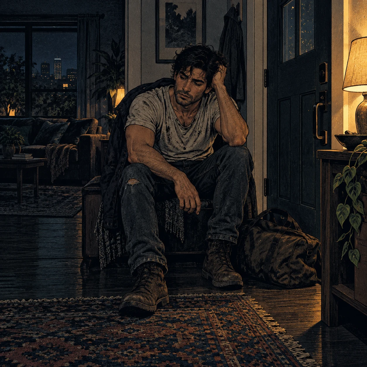 An exhausted young man sitting near the doorway of an Austin home late at night.