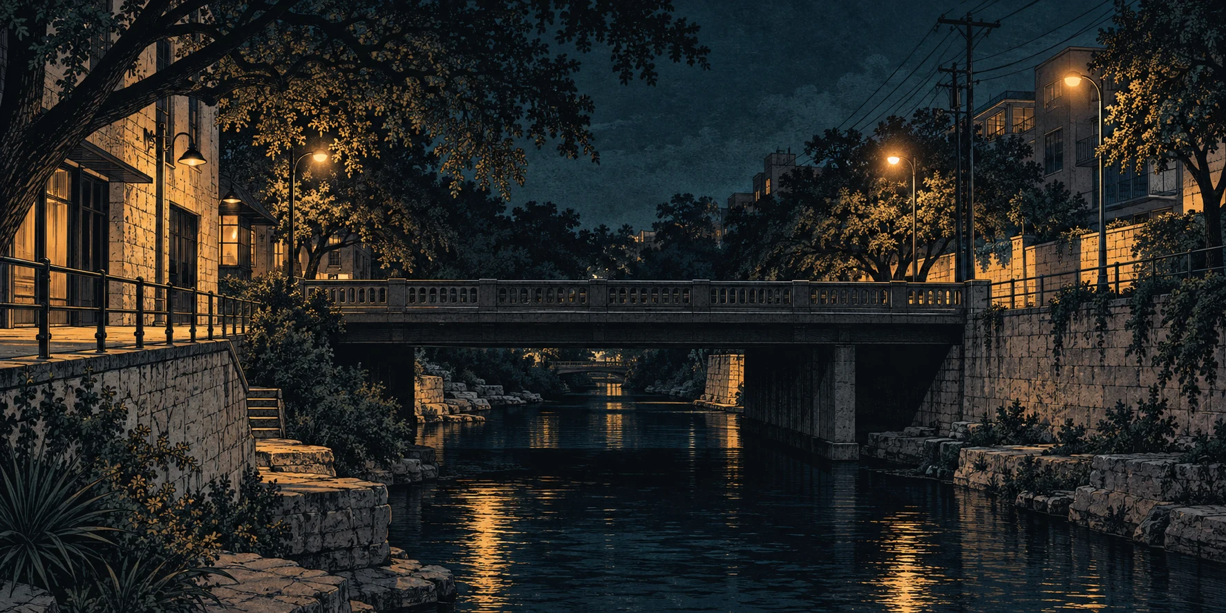 An empty Austin canal and bridge illuminated after midnight.