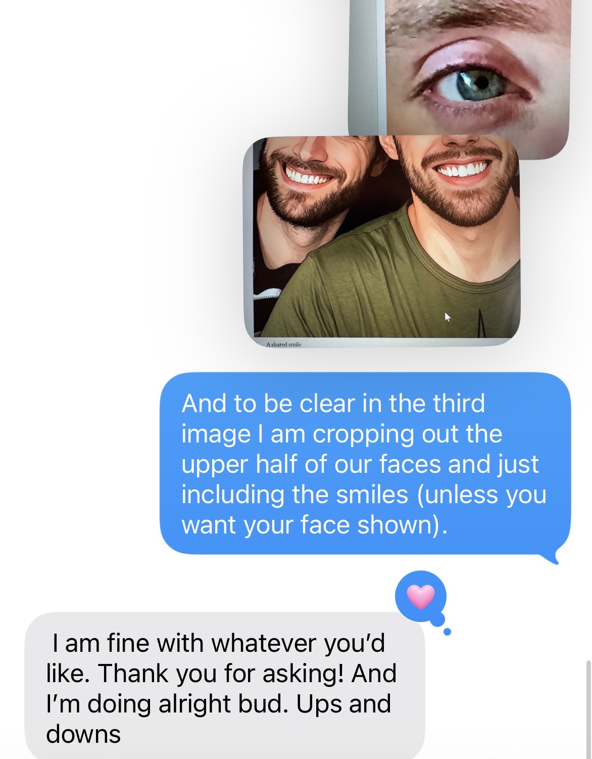 Screenshot of a message exchange asking permission to share images from their history together.