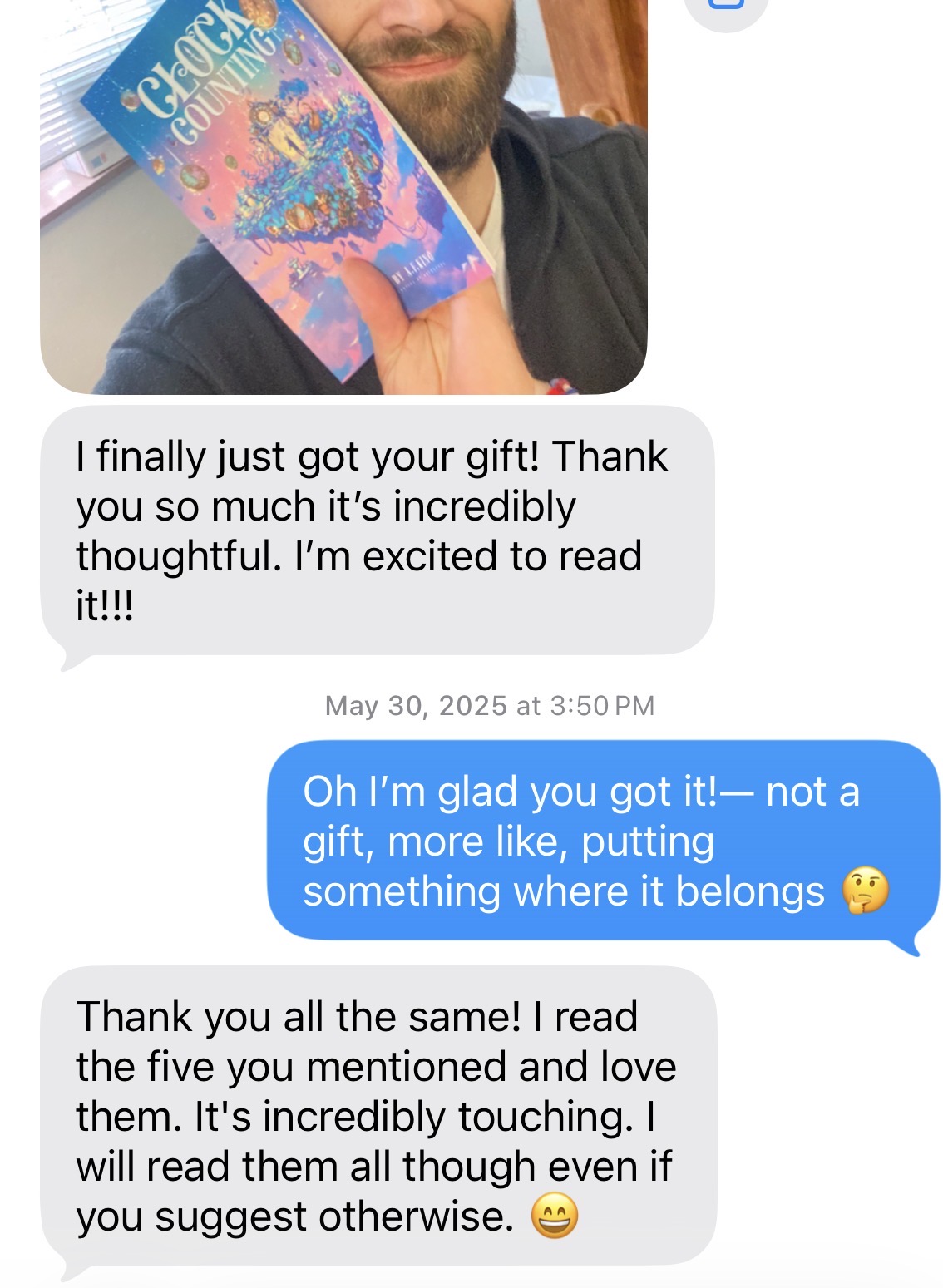 Screenshot of a message exchange about receiving Clock Counting and the five poems.