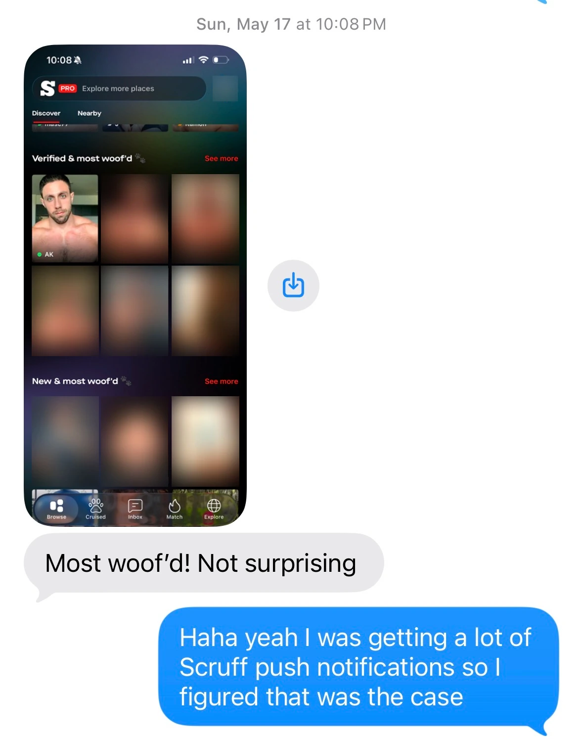 Screenshot showing the author first in the most-woofed profile grid, with the other people blurred.