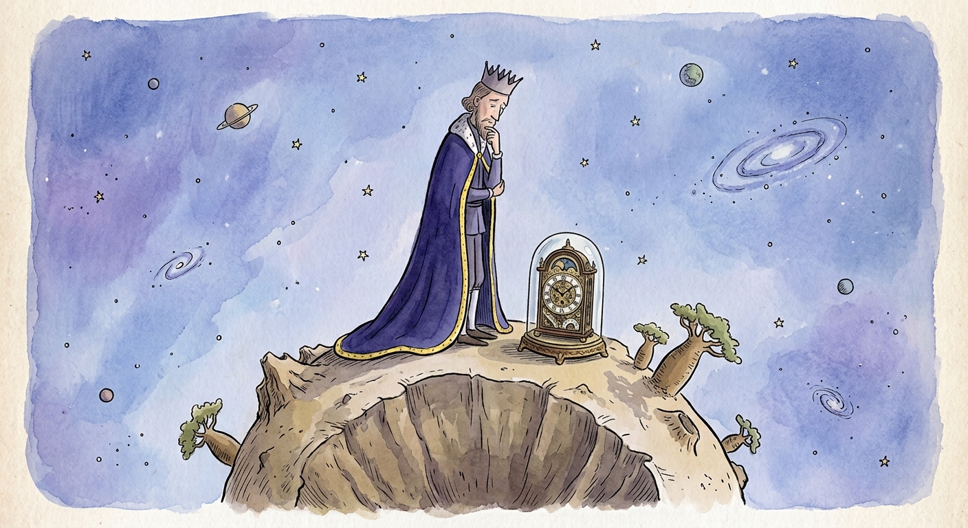 Un roi pensif se tient seul avec une horloge sur une petite planète, entouré d’étoiles et de galaxies peintes à l’aquarelle.
