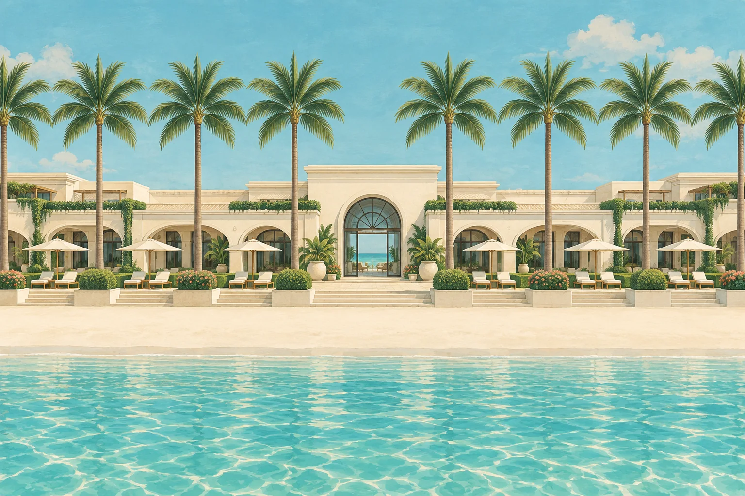 An immaculate, symmetrical illustrated resort: evenly spaced, perfectly straight palms stand before a spotless terrace.
