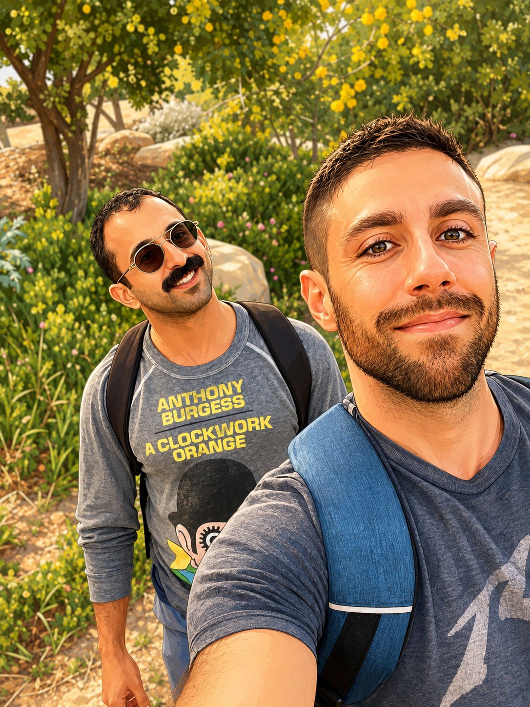 The author and his friend taking a photograph together on a sunny walk.