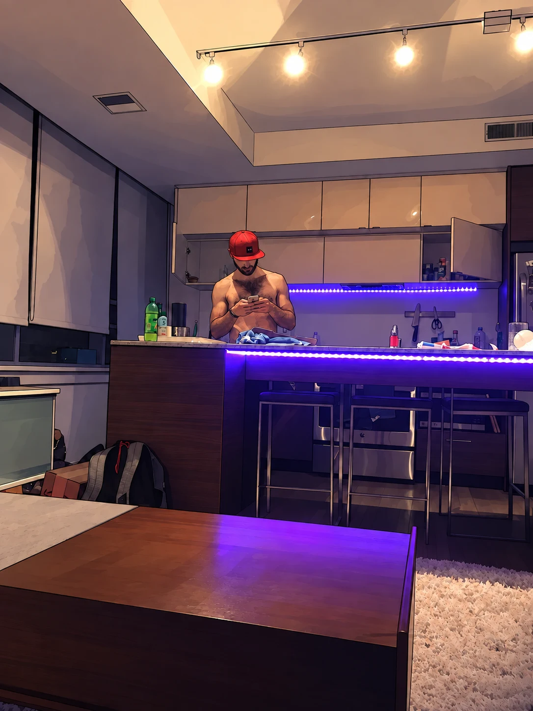 A wider view of the same kitchen, the same man, and the purple light strips.