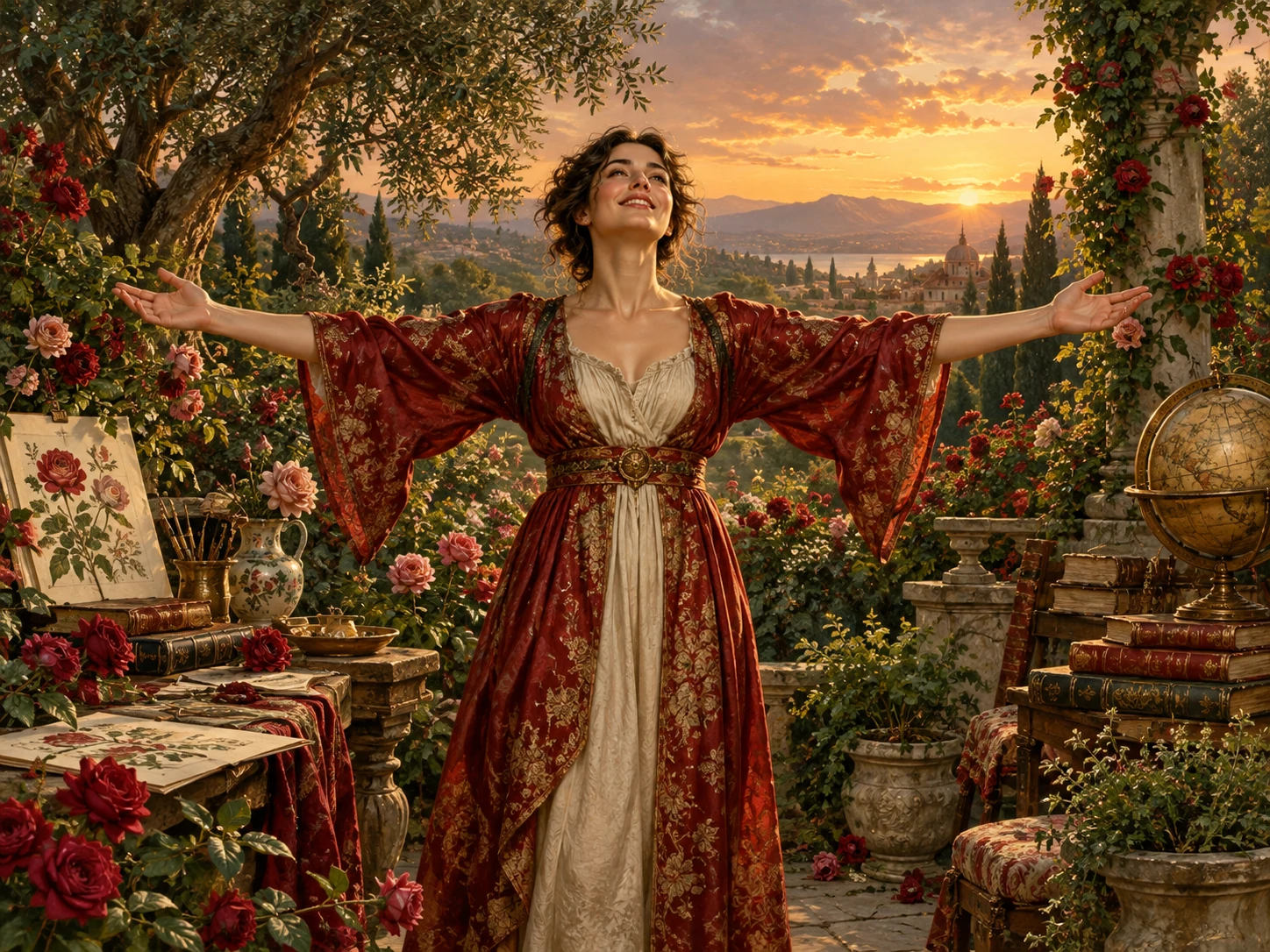 A radiant person with arms outstretched in enthusiasm in an illustrated rose garden.