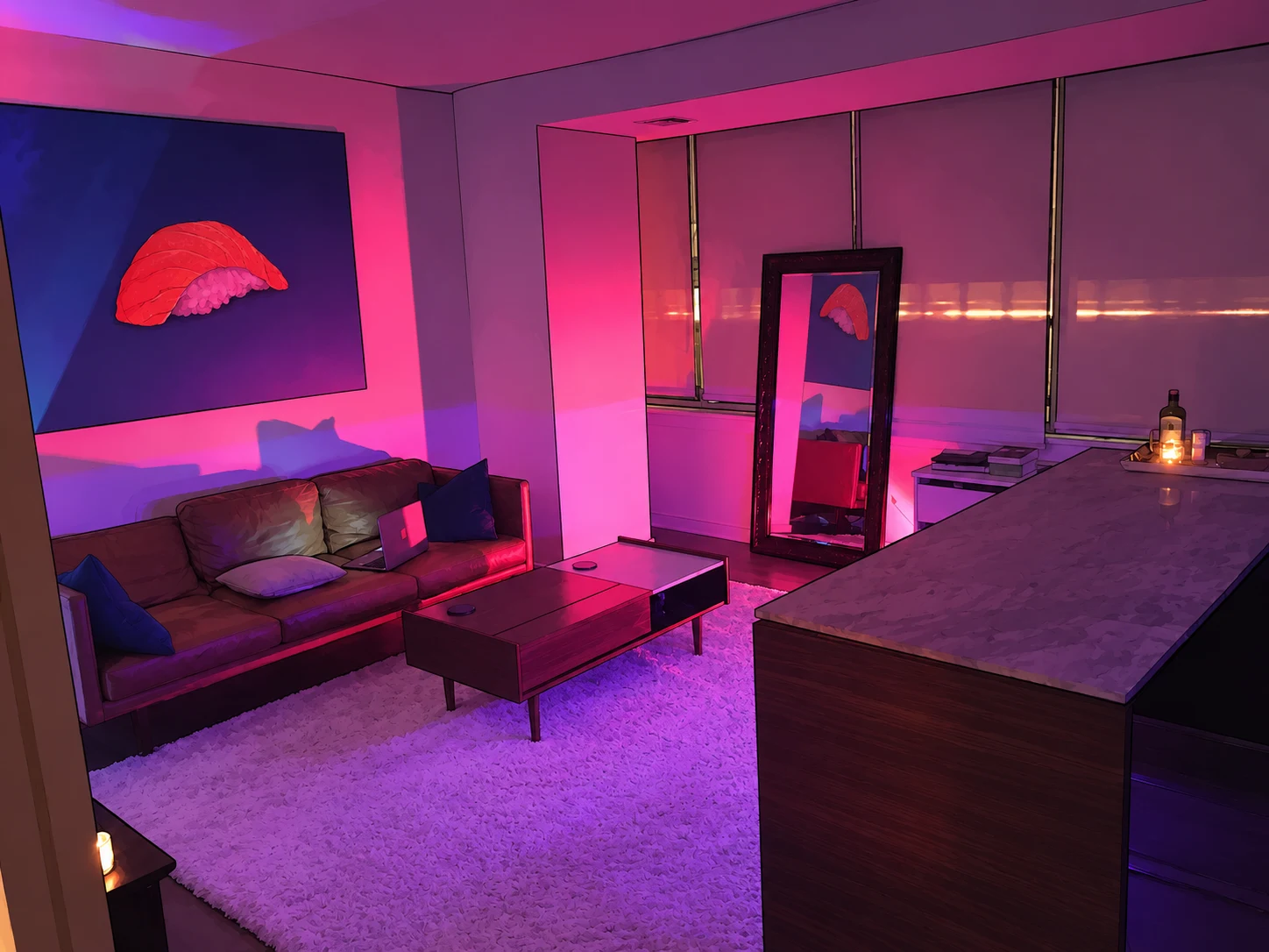 The apartment living room: sofa, coffee table, mirror, and pale carpet under pink and purple light.