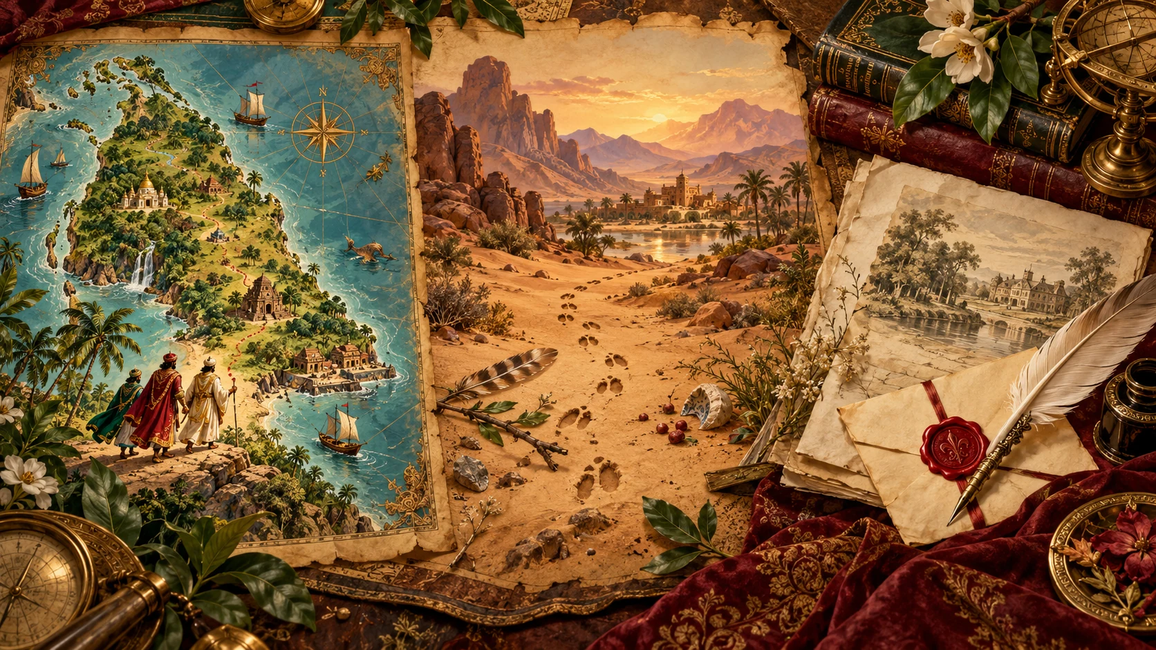An imagined illustration of Serendip, clues along a desert journey, and finally a sealed letter with a quill.