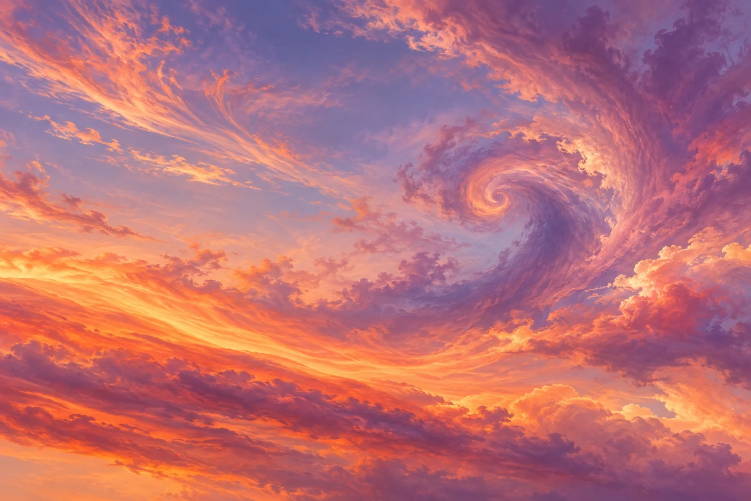 An apricot-orange and lavender sky with a violet cloud spiral.