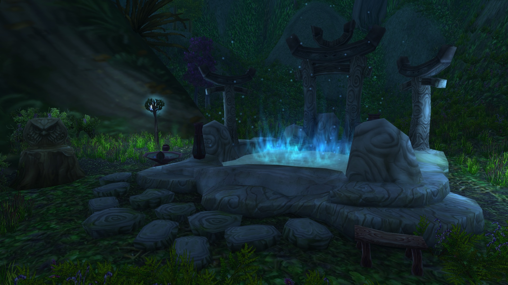 A glowing blue moonwell at Twilight Grove in World of Warcraft.