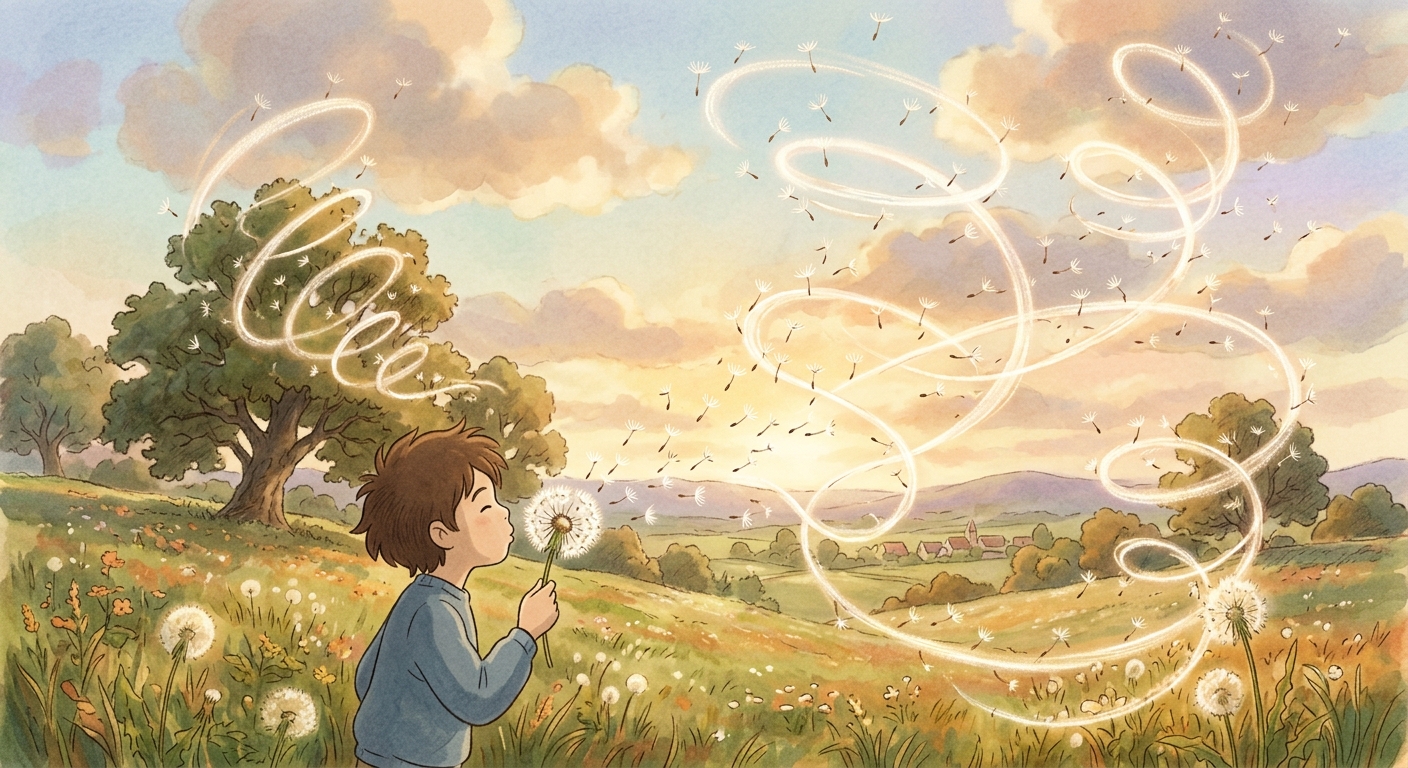 A child blows a dandelion while the seeds trace luminous helical paths through the sky.