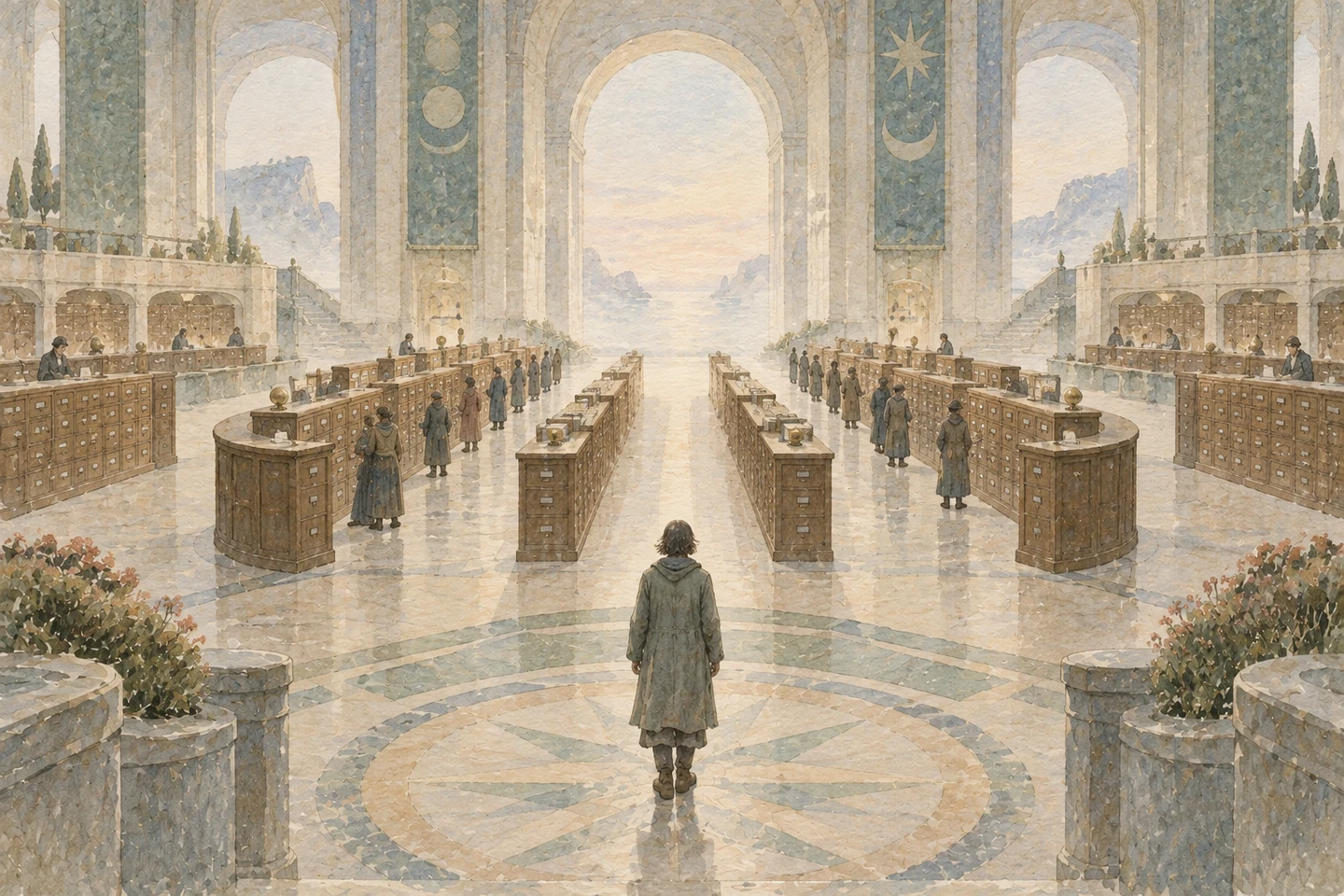 A solitary soul enters an immense sorting hall lined with countless drawers.