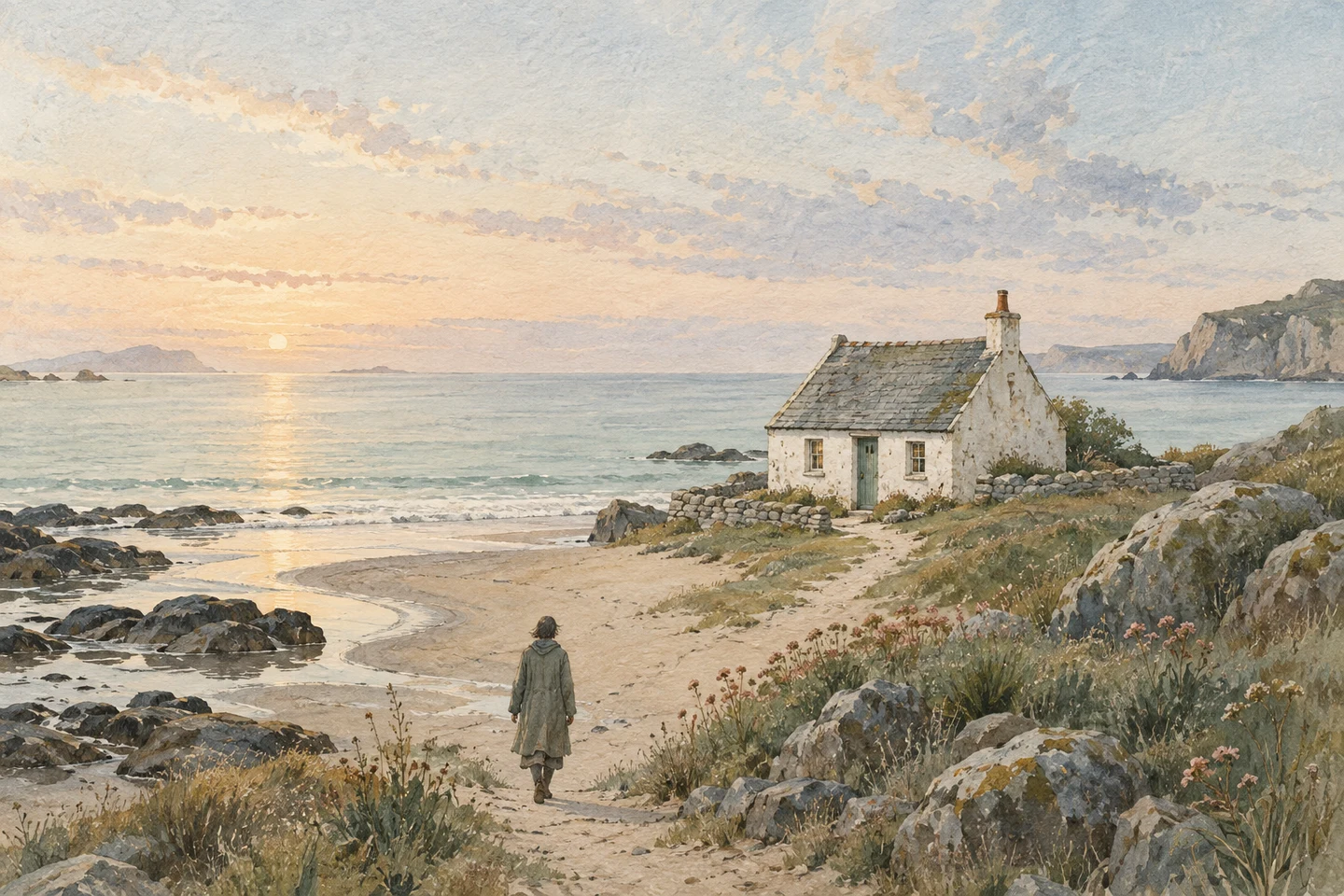 A solitary figure walks toward a small white cottage beside the sea.
