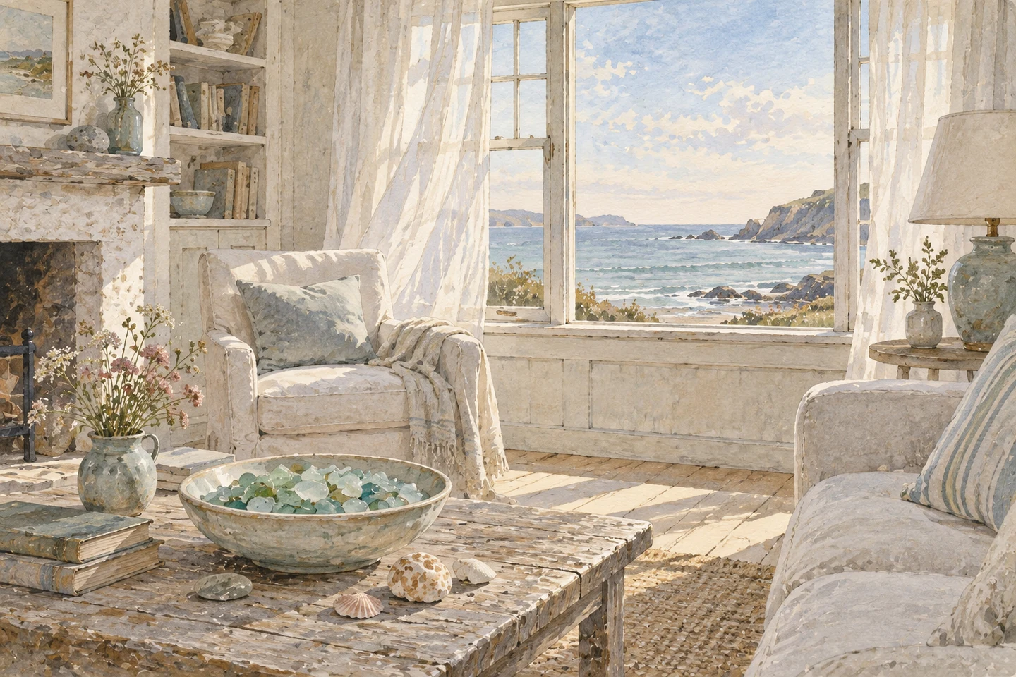A bright pastel interior decorated with sea glass and polished shells.