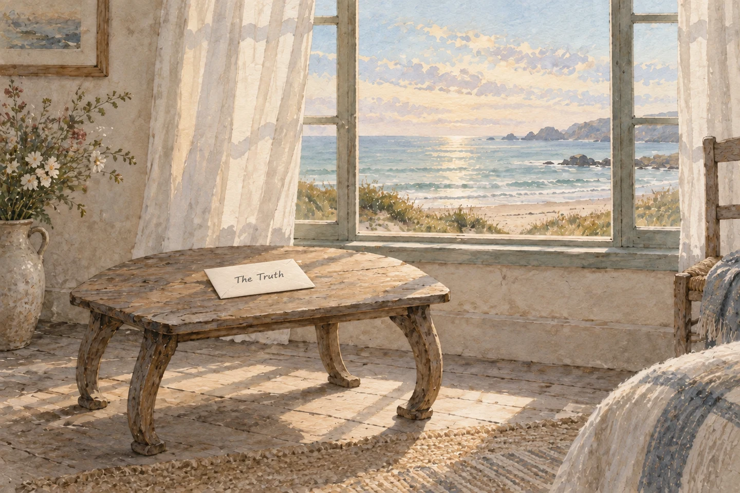 A sealed envelope rests on a low, bow-legged table beside a window overlooking the sea.