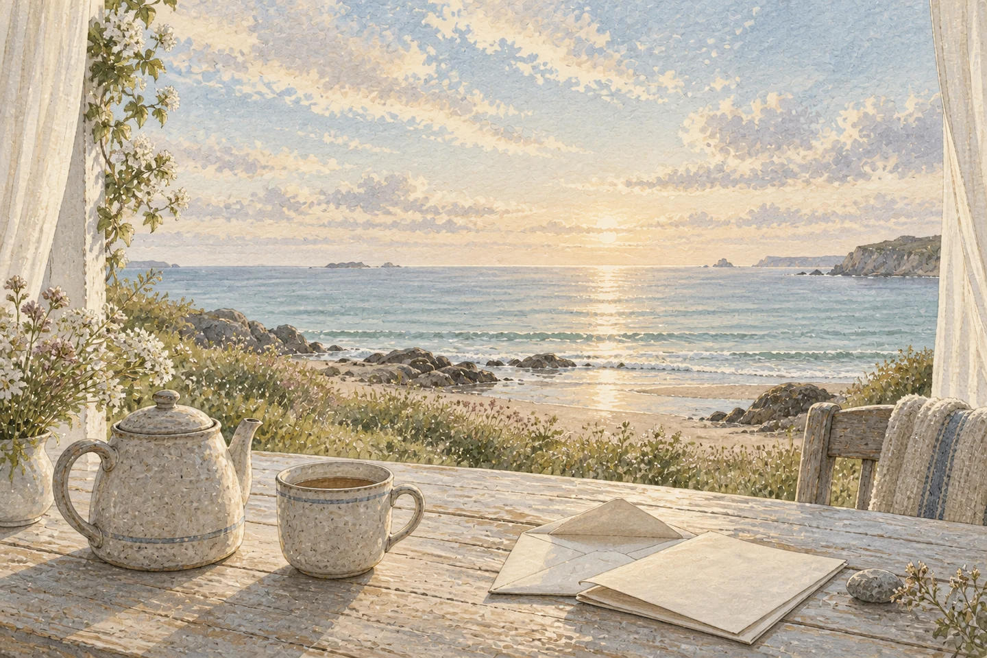 Tea and an opened envelope wait before a sea washed in endless morning light.