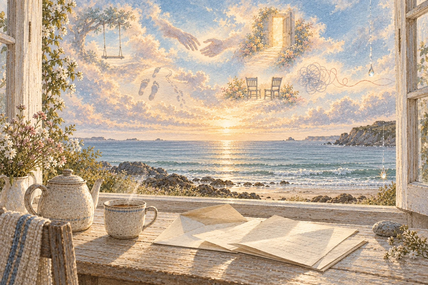 An opened envelope and tea before a window onto the sea, while symbolic fragments of a life emerge within the luminous sky.