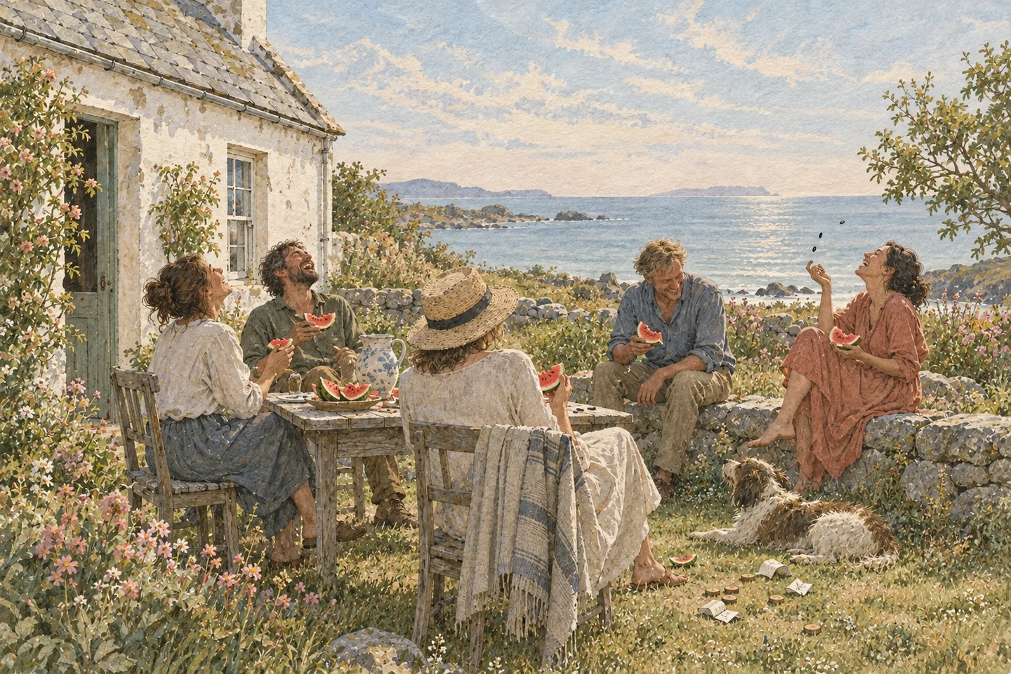 A group of adults laugh in the garden behind the seaside cottage, sharing watermelon and spitting its seeds into the grass.