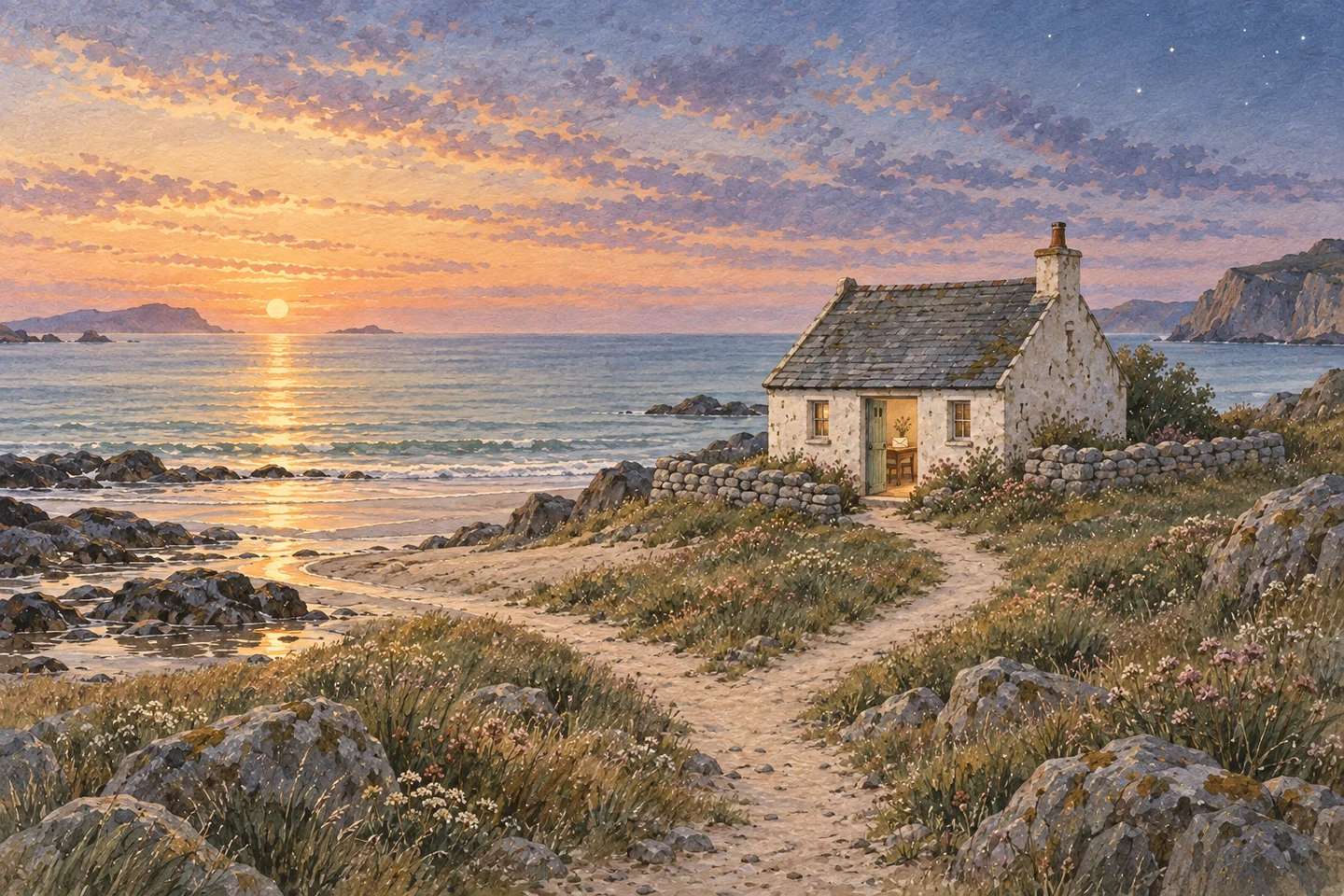 At sunset, a path divides equally between the cottage’s open door and the shoreline continuing toward the horizon.