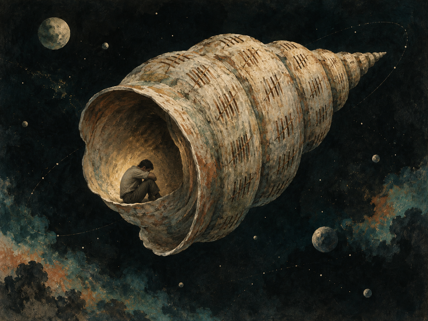 A tiny curled figure inside an enormous tally-marked shell suspended in a nocturnal expanse.