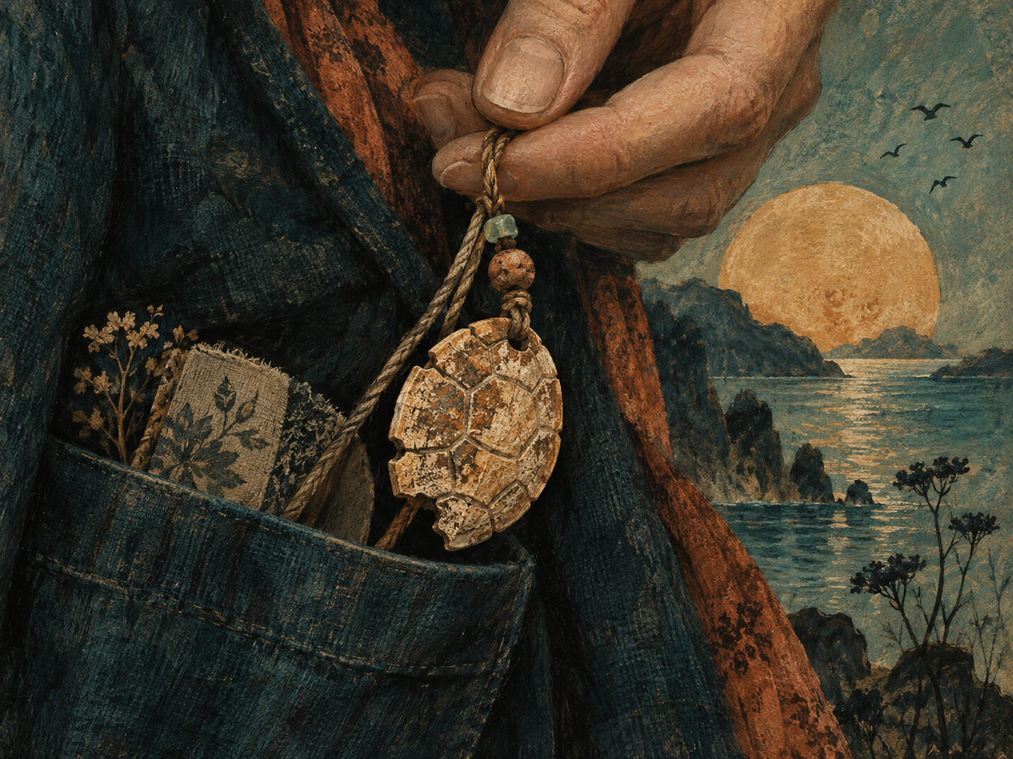 A hand touches a weathered turtle-shell-like charm hanging from a cord beside a pocket.