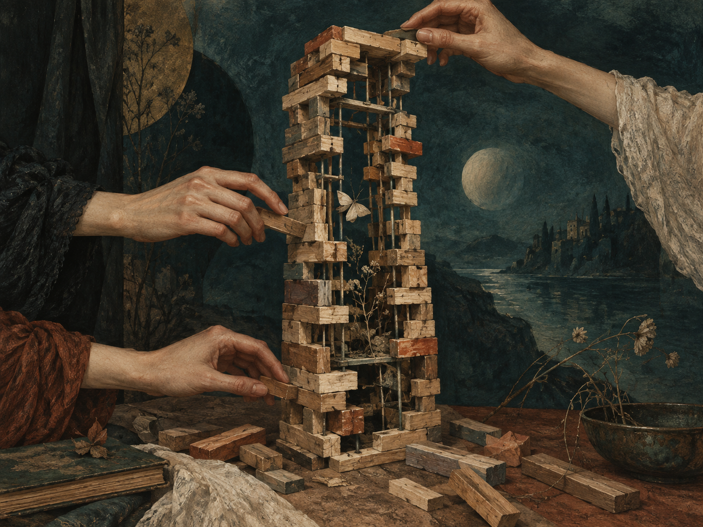 Several hands painstakingly rebuild a tall wooden-block tower hollowed through its center.