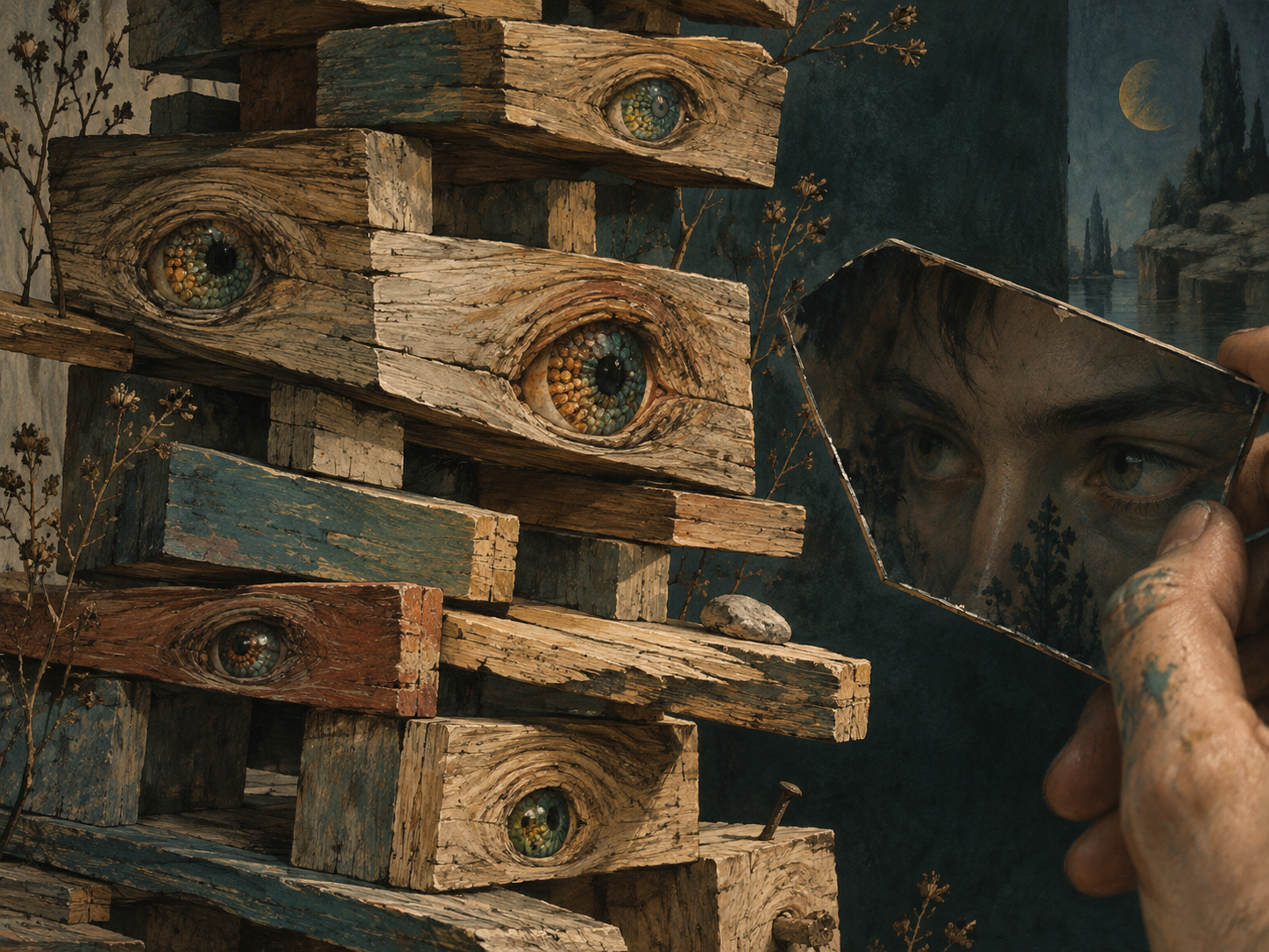 Eyes made of retinal rods and cones appear in the knots of precarious planks and meet their builder’s concentrated gaze.